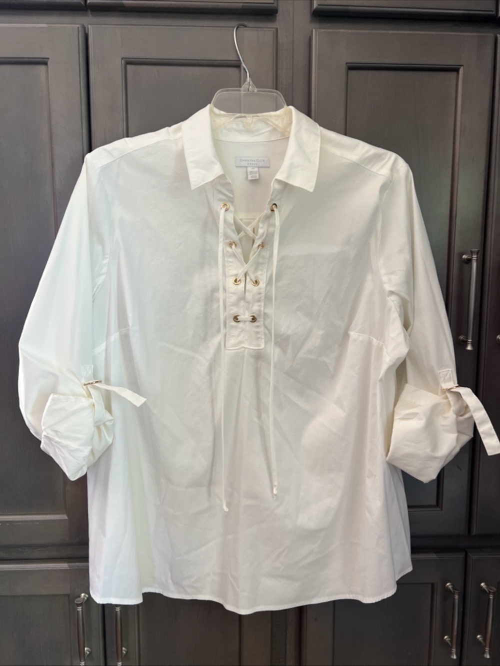 Charter Club Women’s Plus 2X Cotton White Lace Up Collared Tunic Roll Sleeves